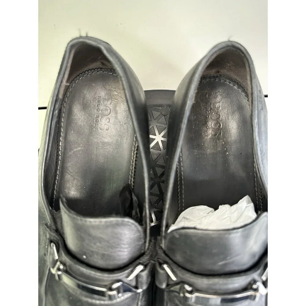 HUGO BOSS Men Size 8 Vero Cuoio Black Leather Horsebit Slip On Loafers Shoes